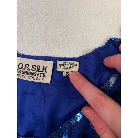 O.R. Silk Dress‎ Women's Small Blue Beaded Sequin Evening Cocktail Dress Vintage - Picture 10 of 15